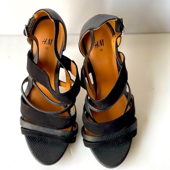 H&M Strappy Black Leather Sandals Stiletto Platform Heels, Sz 7 - Picture 4 of 13